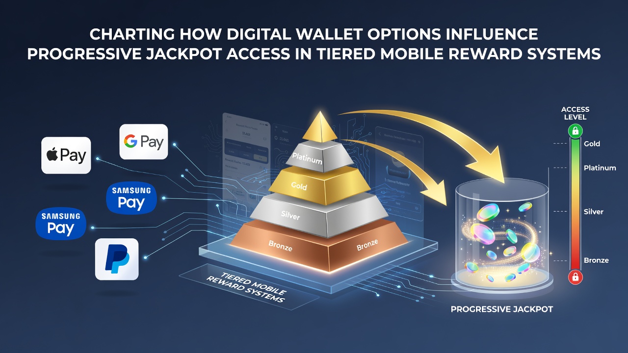 Mobile device displaying digital wallet options alongside progressive jackpot interfaces in a tiered reward app