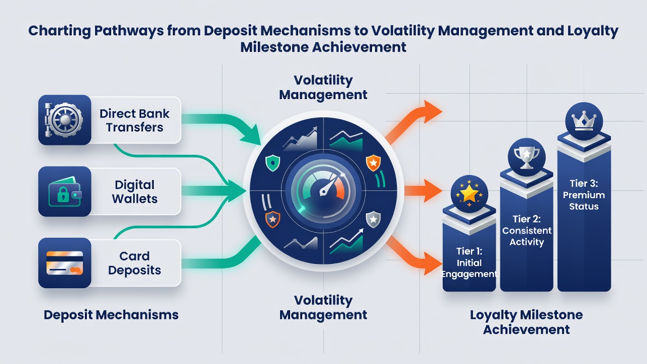 Dashboard view of loyalty milestones and volatility adjustment sliders in a wireless casino app