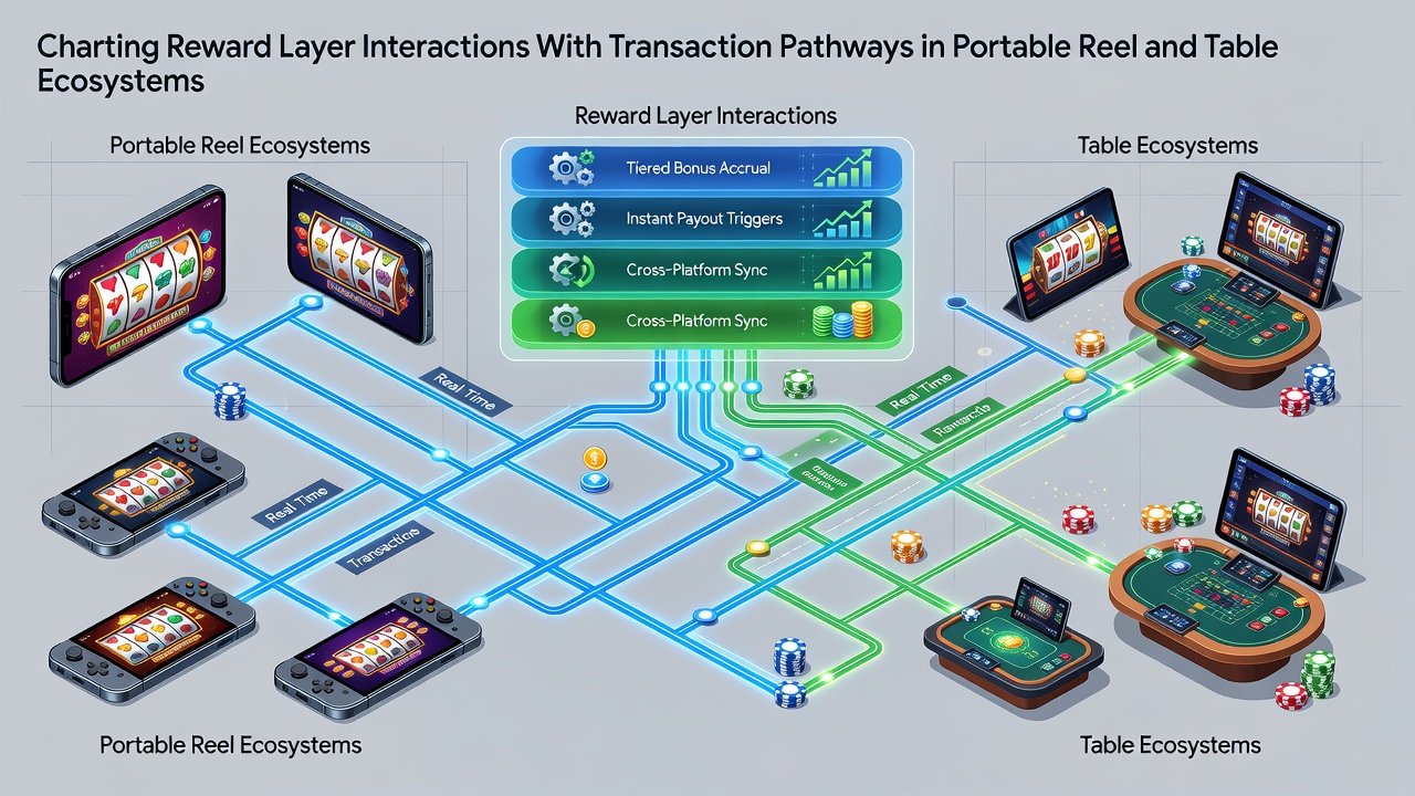Flowchart showing transaction routes feeding into reward tier updates for mobile slot and table games