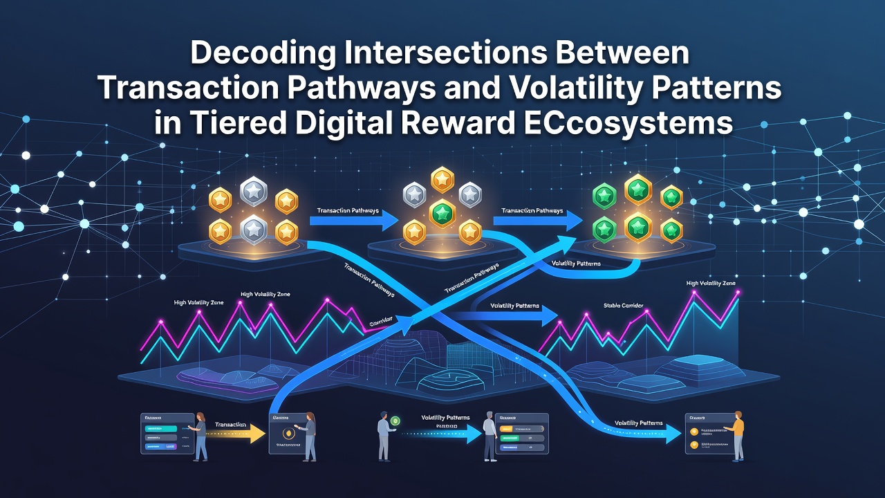 Diagram showing transaction pathways flowing into tiered digital reward ecosystems with volatility indicators