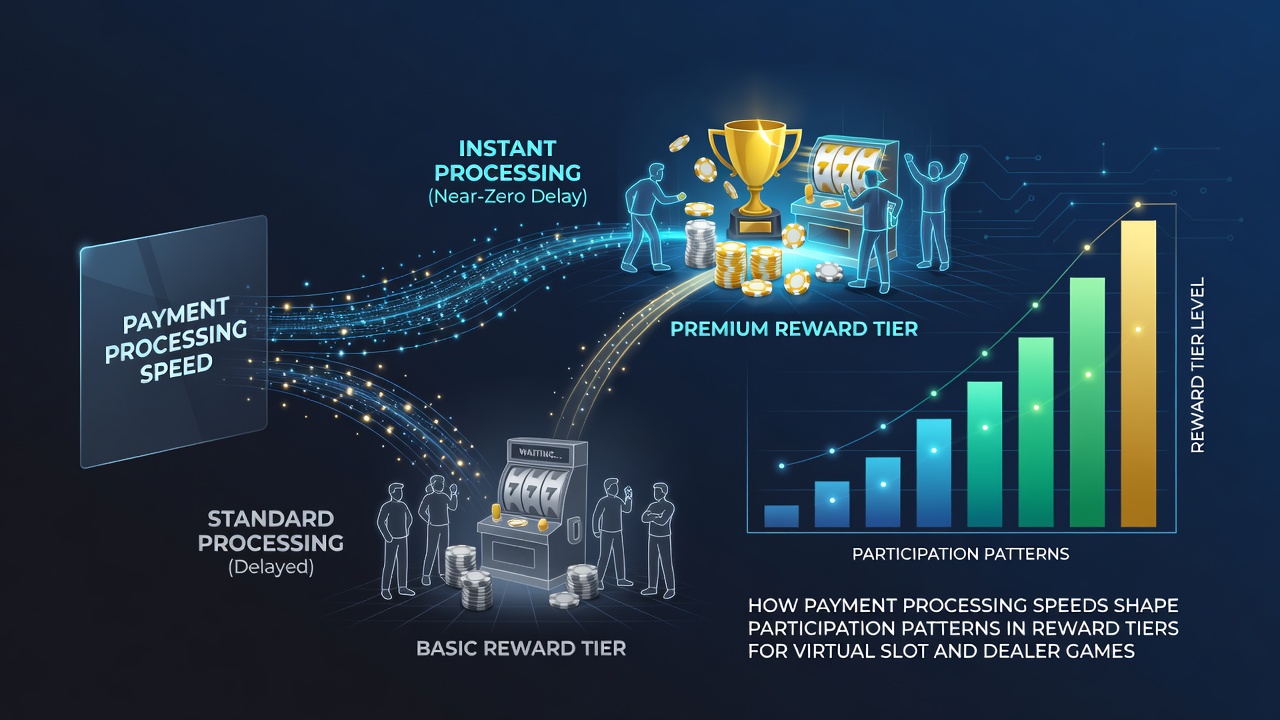 Illustration of payment processing flows connecting virtual slot machines and live dealer tables to tiered reward systems