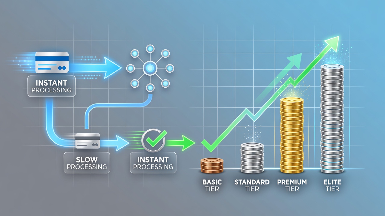 Chart displaying participation curves for slot and dealer game reward tiers segmented by payment processing speed categories