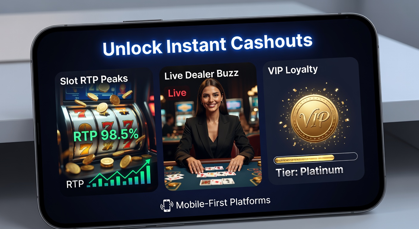 Smartphone displaying a mobile casino interface with instant cashout button highlighted amid vibrant slot reels and live dealer streams